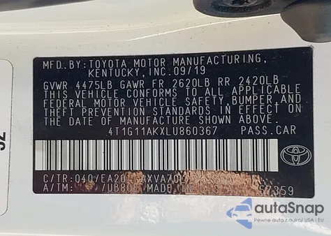 2020 Toyota Camry Se z USA, uszkodzony, nr VIN 4T1G11AKXLU860367